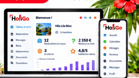 Illustration commerciale d'un espace propriétaire HoliGo sur ordinateur et smartphone